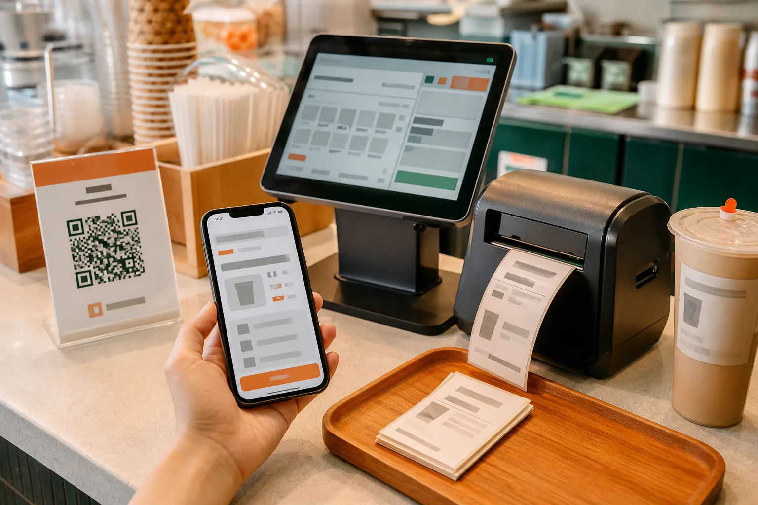飲料店櫃檯上的手機點餐、平板收銀、QR Code 立牌與列印設備